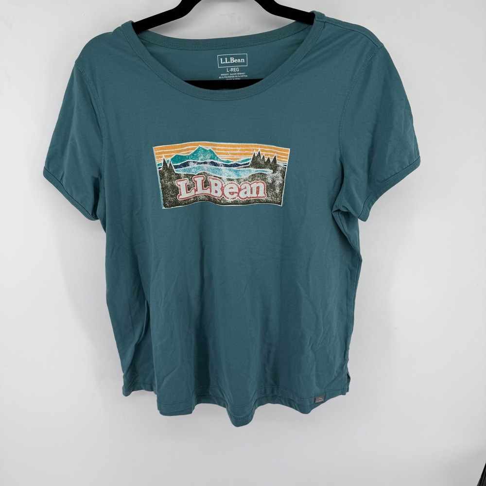 LL Bean Womens Graphic Tee Teal Blue Mountain Logo Short Sleeve T-Shirt 506467 L